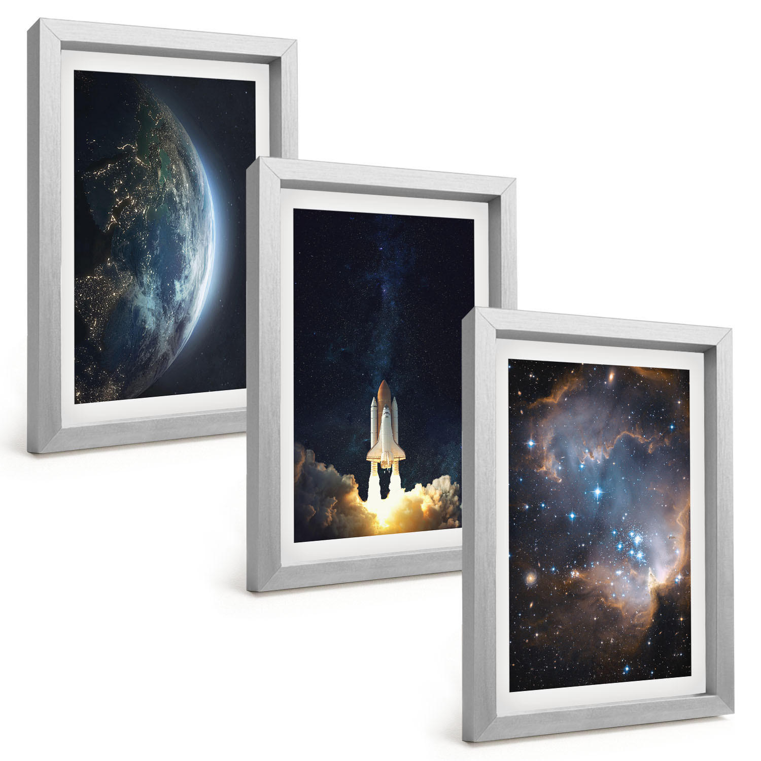 BILDER SET 3er Set - 20x30 cm Silberner Rahmen - Weltraum Erde Rakete Galaxie - Silberfarben, Kunststoff (20/30cm) - TULUP