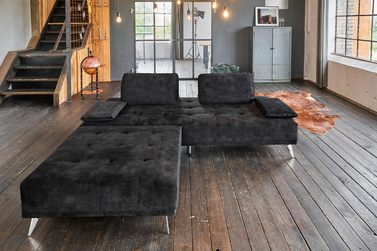 SOFA MIT HOCKER WIOLO Anthrazit Velvet - Anthrazit/Silberfarben, Textil (220/80/240cm) - KAWOLA