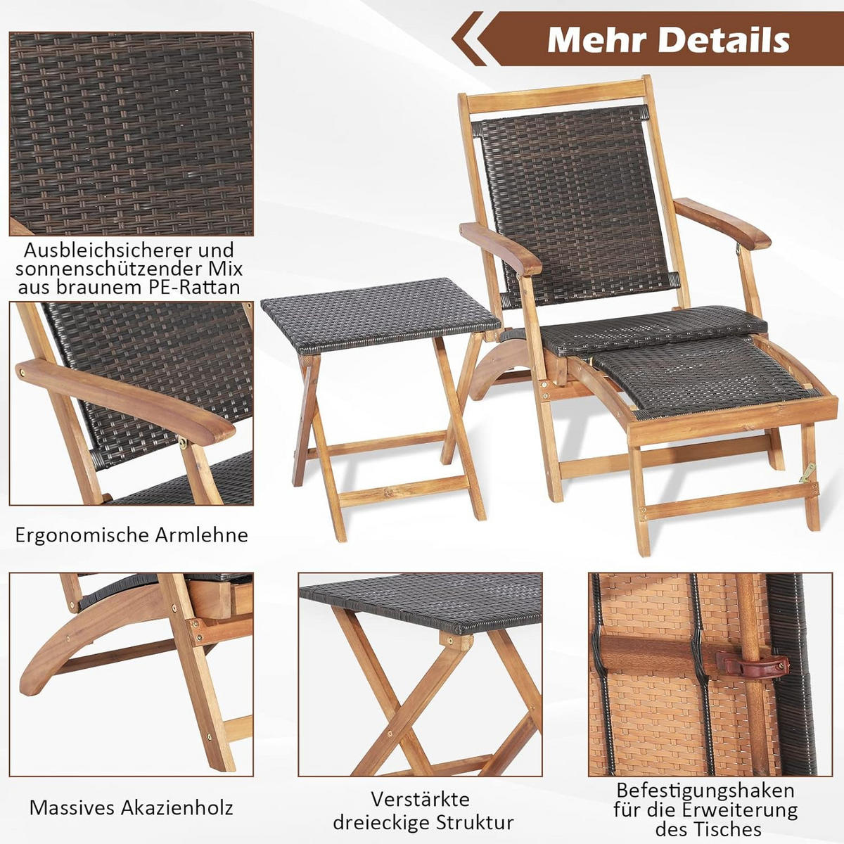 LEHÁTKO s opierkou na nohy + odkladací stolík, hnedé - hnedá, prírodné materiály (135/81/61cm) - COSTWAY
