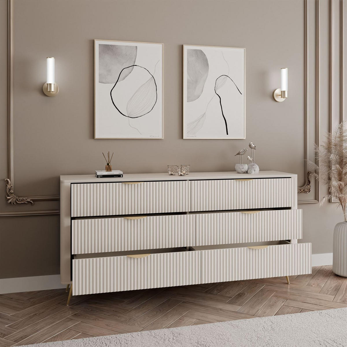 SIDEBOARD SCARLETT 6S MIT SCHUBLADEN BEIGE + GOLD - Beige, Holzwerkstoff (163/81/38cm) - Lookway