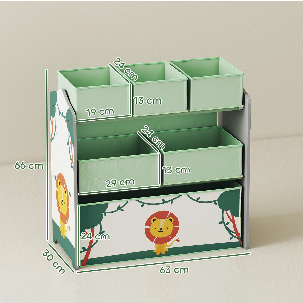 KINDERREGAL DE-17258 3 Ebenen & 6 herausnehmbare Stoffboxen Grün - Grün, Holzwerkstoff (63/66/30cm) - ComfortXL