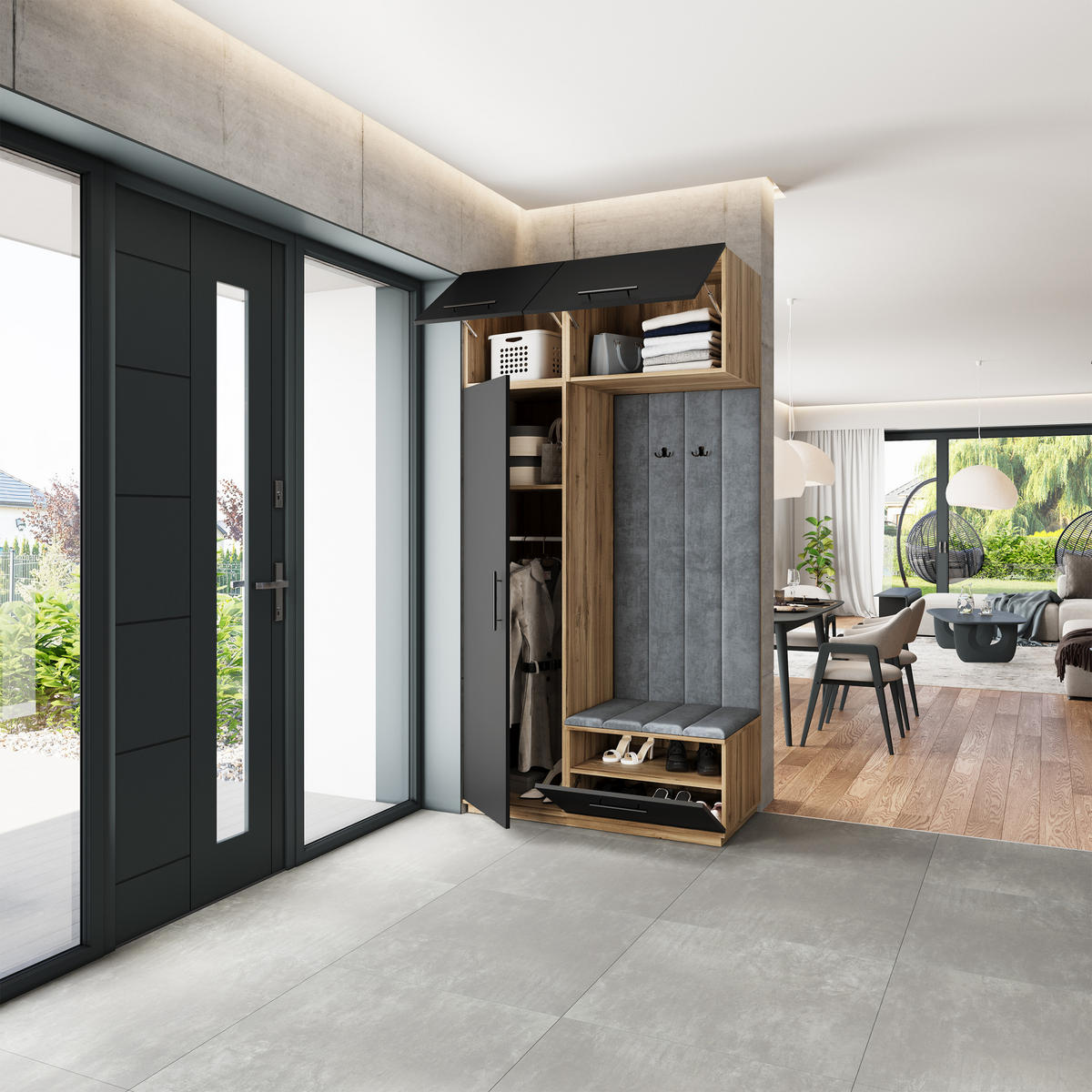 GARDEROBENSCHRANK REMA 120/240/60 cm Modern Garderobe-Set Eiche Wotan - Eiche Wotan/Schwarz, Holzwerkstoff (120/240/60cm) - MASSENO