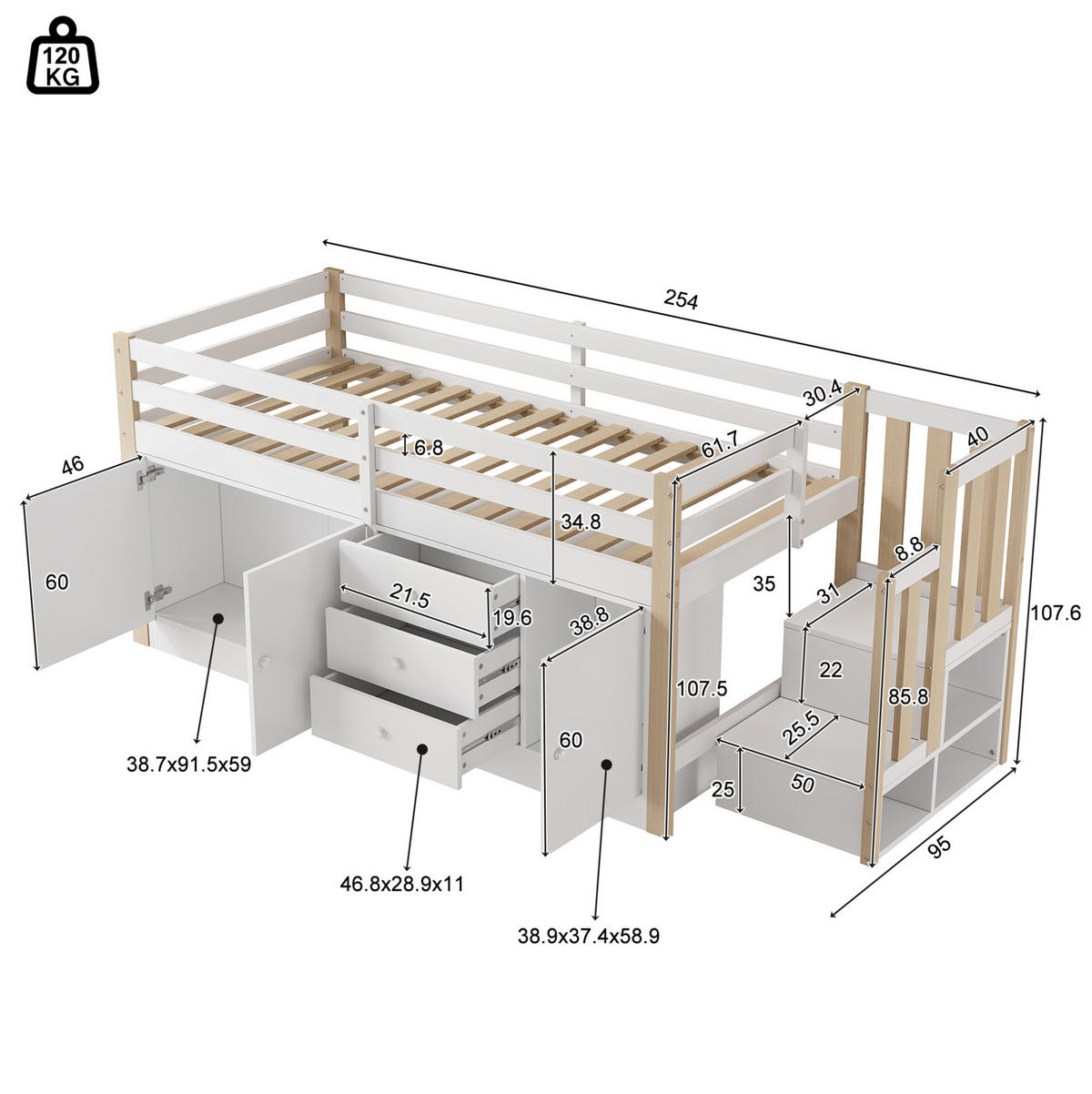 HOCHBETT 90/200 cm Weiß aus MDF mit Treppe und Stauraum - Weiß, Holzwerkstoff (90/200cm) - OKMYHOME