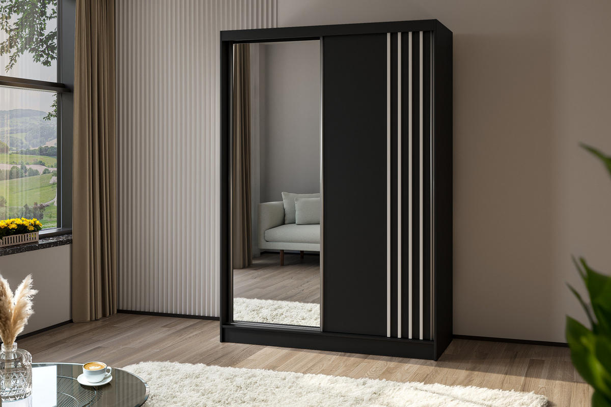 SCHWEBETÜRENSCHRANK Neli 150 cm mit Lamellen und Spiegel 2-türig, schwarz, schwarz, Lamelle weiß - Schwarz/Weiß, Kunststoff (150/216/61cm) - Margaret Hadas24