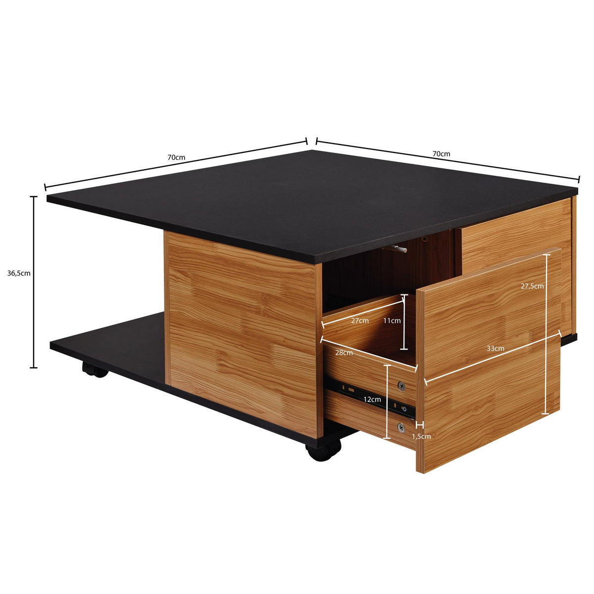 COUCHTISCH mit Rollen, Melaminharzbeschichtung und 2 Schubladen, Anthrazit 70x70x36 cm - Anthrazit/Schwarz, Holz (70/70/36cm) - KADIMA DESIGN