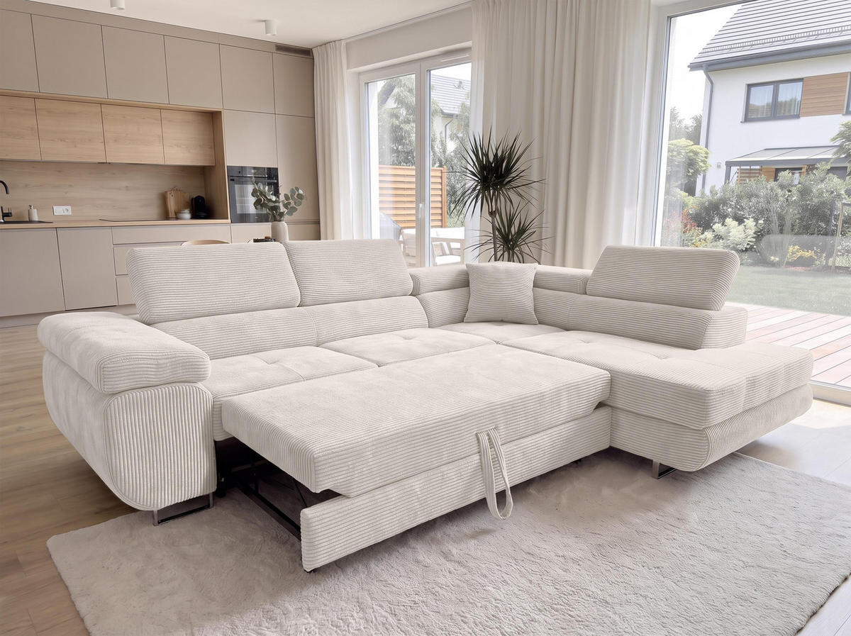 ECKSOFA L Form Konak Cremeweiß 276/201/90 cm Rechts mit Schlaffunktion - Silberfarben/Creme, Textil/Metall (276/203cm) - AX Living