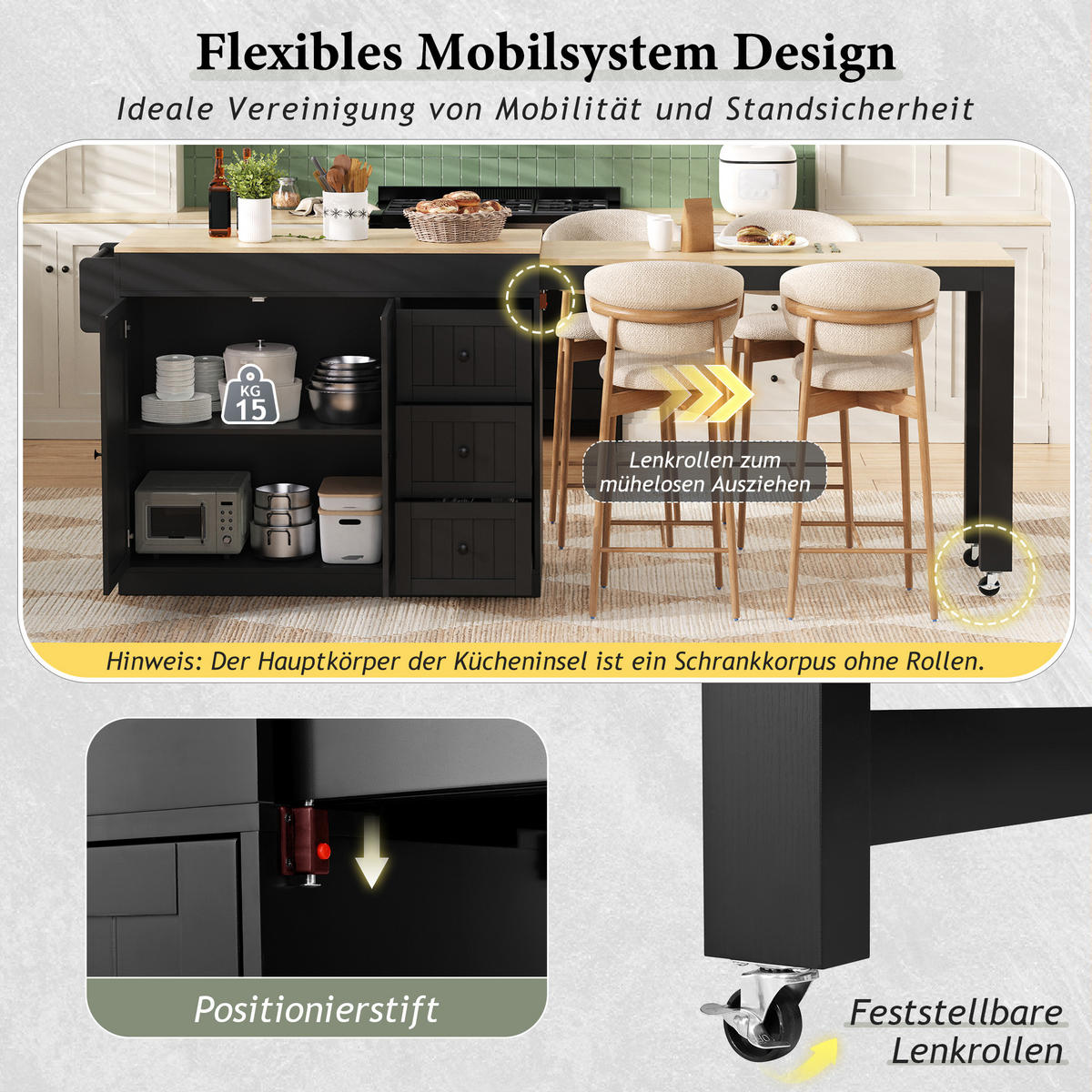 KÜCHENINSEL 112/45/93 cm schwarz aus MDF mit Auszug - Schwarz, Holzwerkstoff (130/93/45cm) - OKWISH