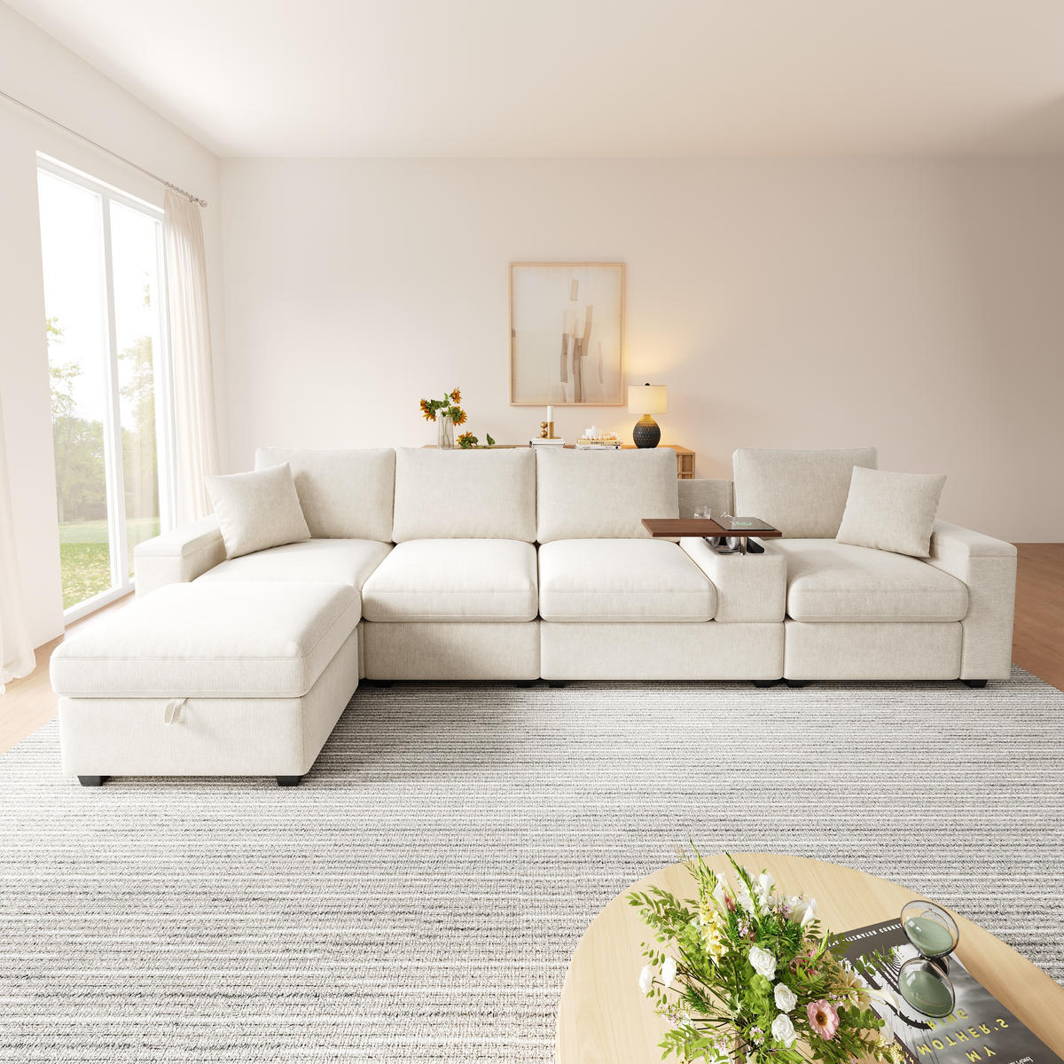ECKSOFA 313/147/82 cm Beige mit Stauraum, USB-/Typ-C, Getränkehaltern und 360° drehbarem Couchtisch - Beige, Textil/Metall (313/147cm) - Oxeza