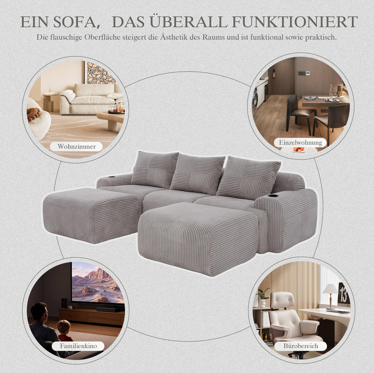 WOHNLANDSCHAFT 268/174/80 cm in Hellgrau, modular mit 2 Hockern und Getränkehalter - Hellgrau, Textil (174/80/268cm) - Flora Grace
