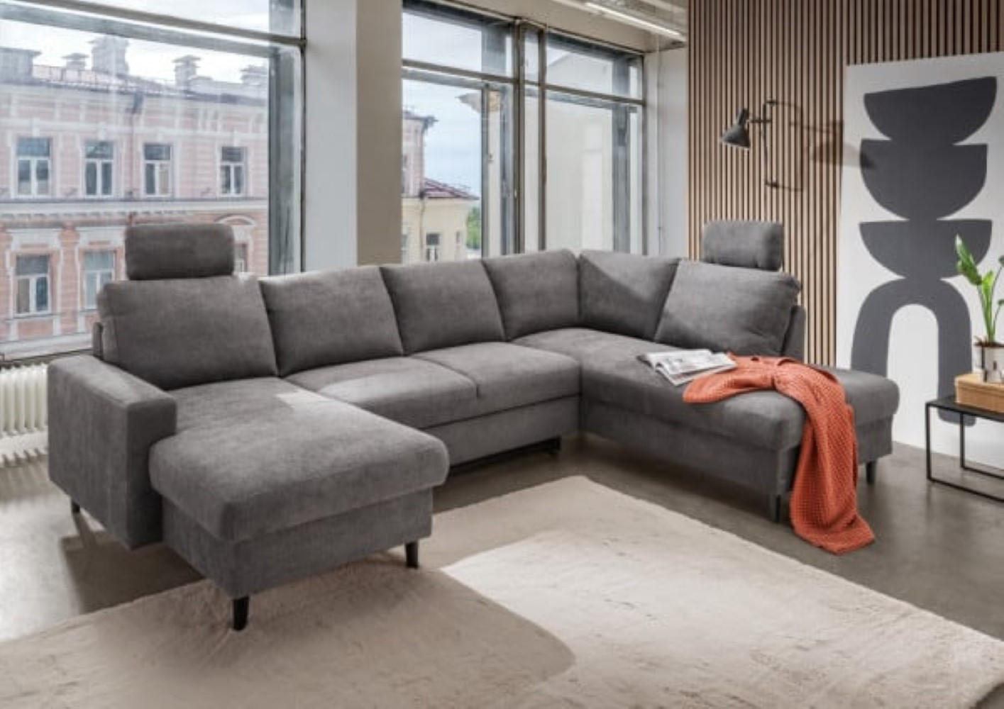 WOHNLANDSCHAFT mit Schlaffunktion und Bettkasten - Dunkelgrau/Schwarz, Textil (200/88/305cm) - myHomelando