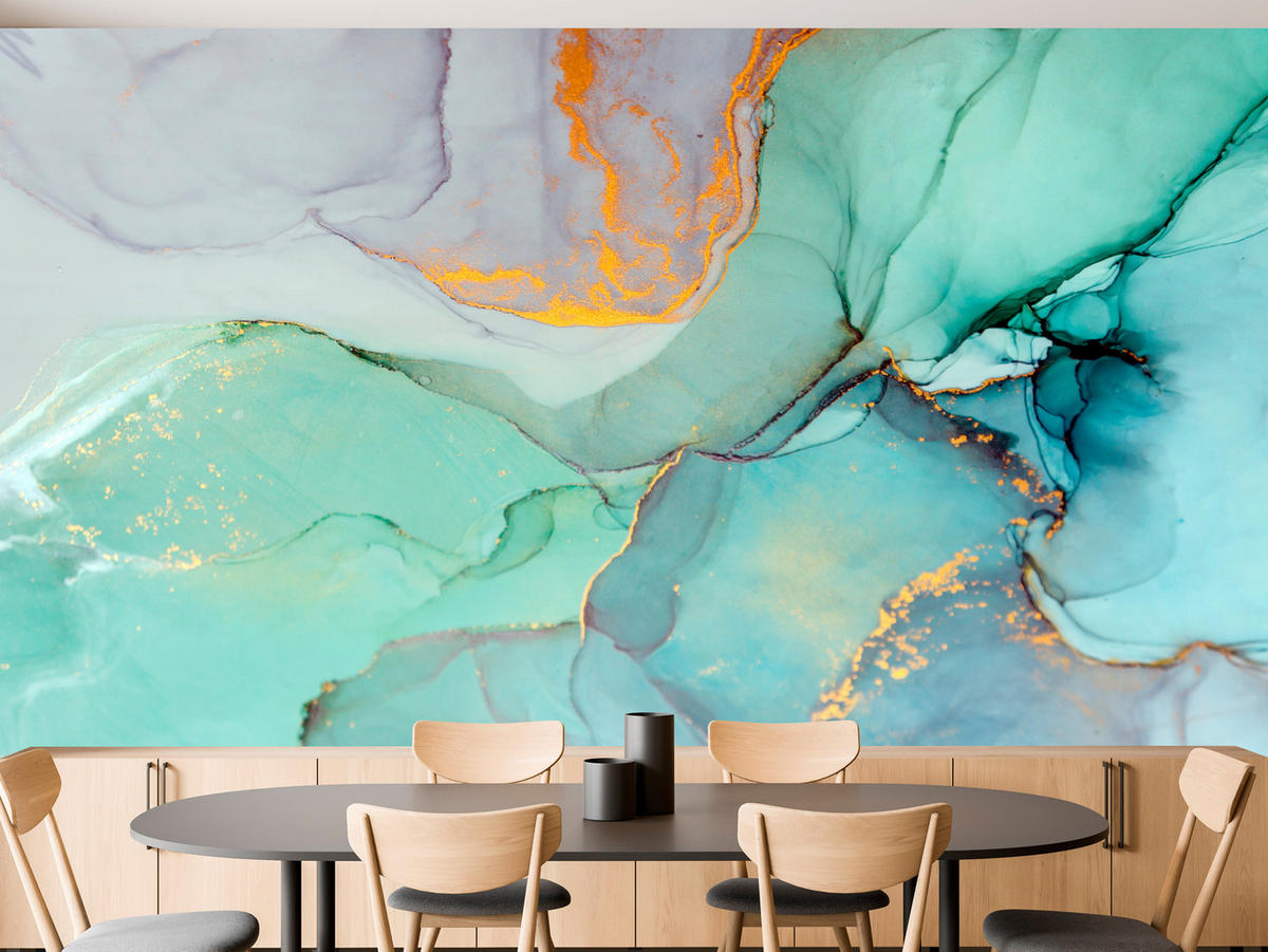 FOTOTAPETE für Badezimmer Blauer Marmor Goldadern Vintage 350x256 - Violett/Grün, Papier (350/256cm) - Muralo