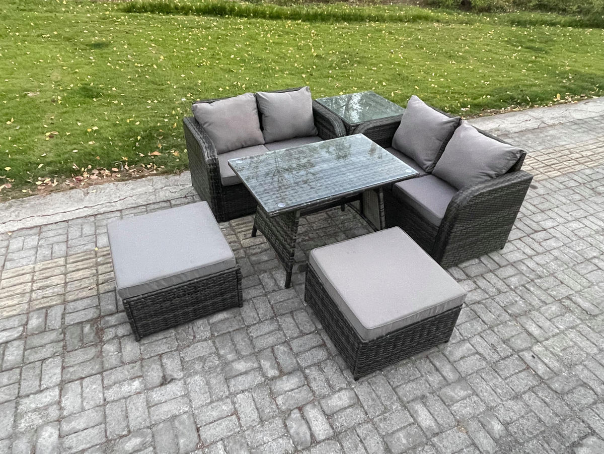 GARTENMÖBELSET mit ESSTISCH,SOFA Polyrattan 6-Sitzer - Dunkelgrau/Grau, Glas/Kunststoff - Fimous