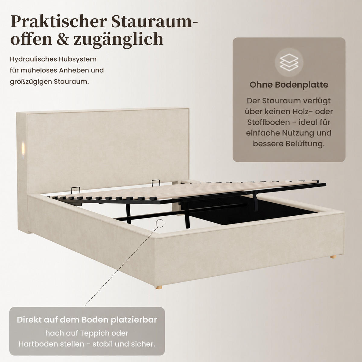 POLSTERBETT 120 x 200cm, Beige, Chenille, Stauraum - Beige, Textil (120/200cm) - FLIEKS