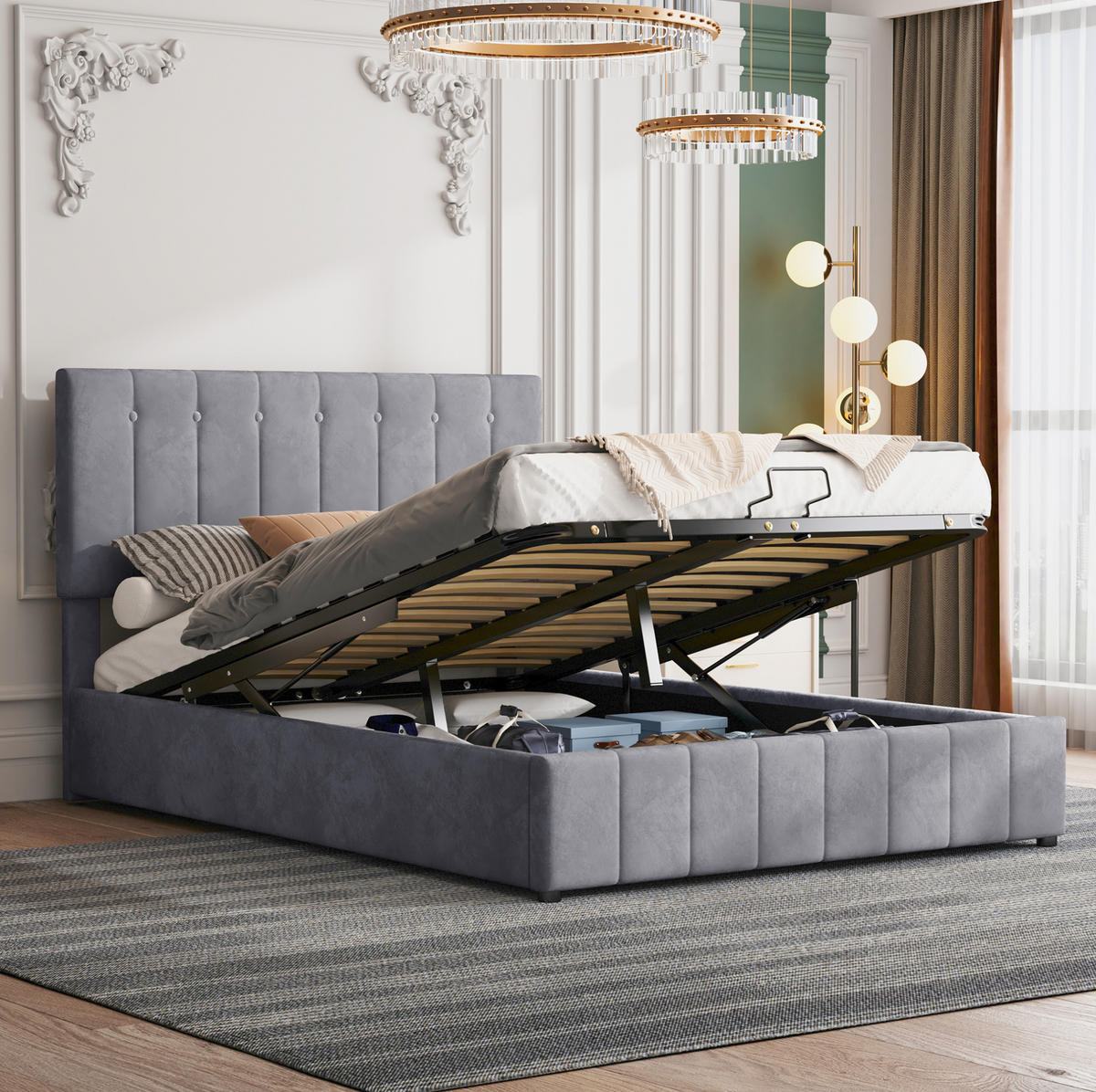 POLSTERBETT 140/200 cm Grau aus Samtstoff mit Bettkasten - Grau, Textil (140/200cm) - OKMYHOME