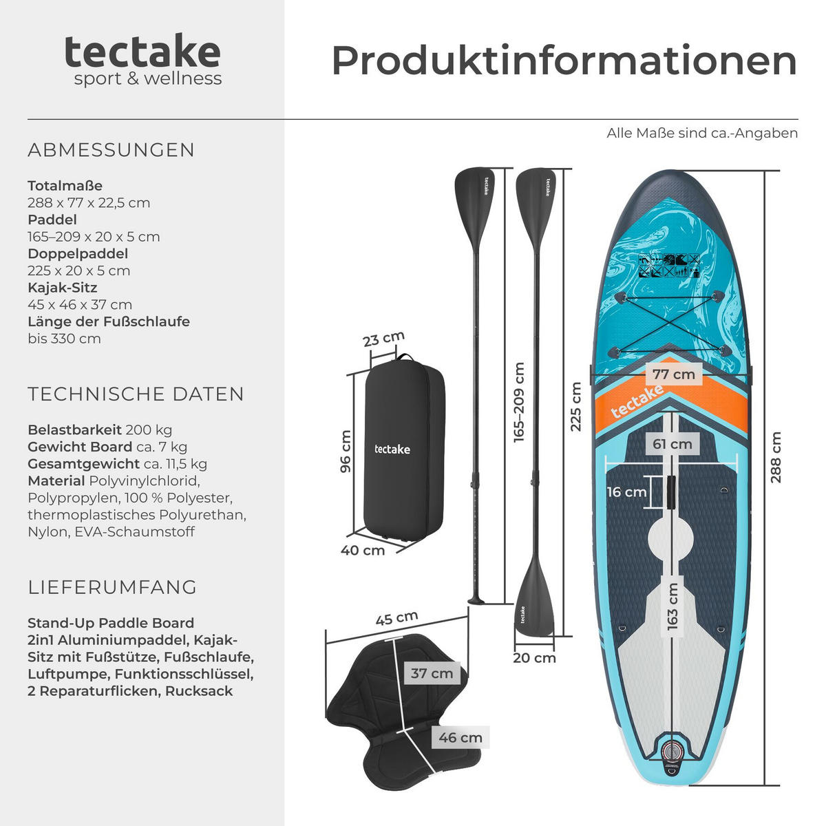 STAND-UP-PADDLE-BOARD 2in1 , 288 x 77 x 22,5 cm, türkis/orange - Türkis, Kunststoff (288/77/0.23cm) - tectake
