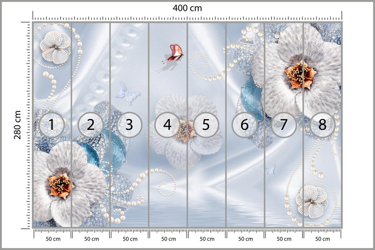 FOTOTAPETE für Schlafzimmer Blumen Perlen Schmetterlinge Blau 400x280 - Blau/Gelb, Papier (400/280cm) - Muralo