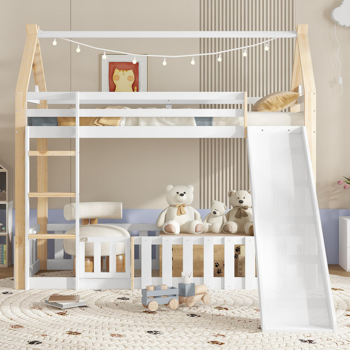 HAUSBETT 90/200 cm Weiß Natur mit Rutsche und Leiter ohne Matratze - Weiß, Holz (90/200cm) - MIVRAY