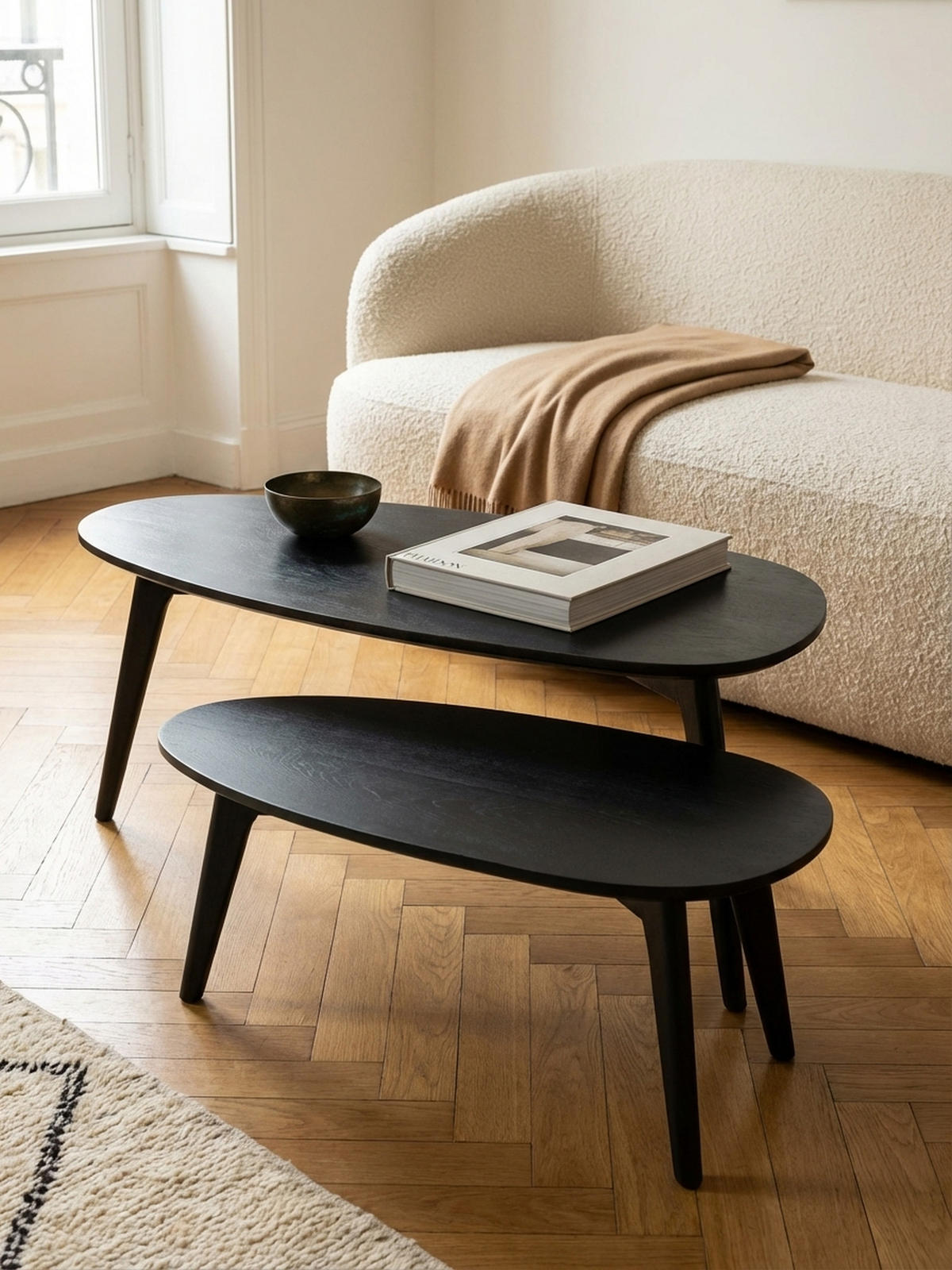 COUCHTISCH 2er Set Massivholz Nierenform Retro Handgefertigt, Schwarz 100x50x42 cm - Schwarz, Holz (50/100/42cm) - KADIMA DESIGN