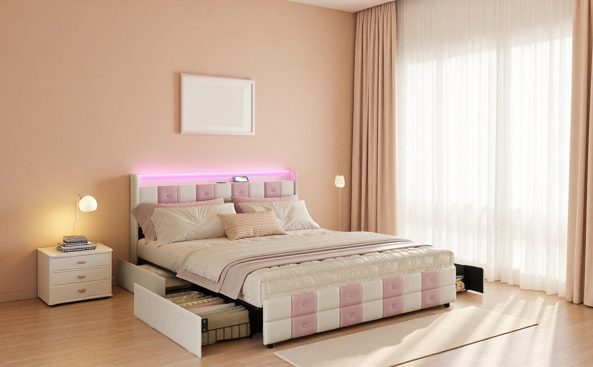POLSTERBETT 140x200 cm Weiß Rosa Samt LED USB 4 Schubladen - Weiß, Holz (140/200cm) - SHOPENTRA