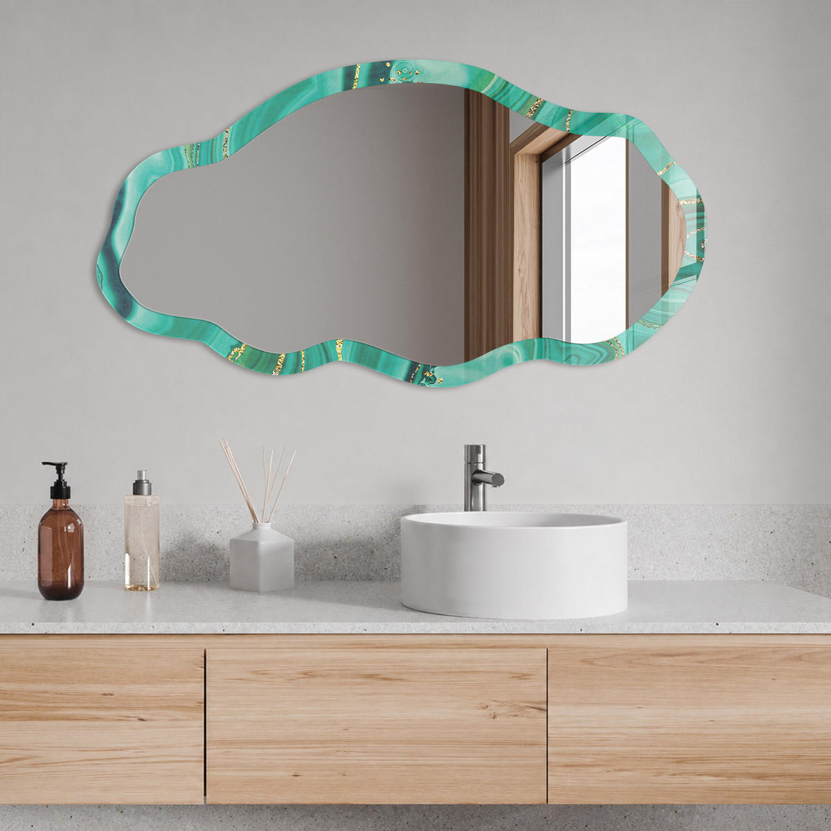 SPIEGEL 90x45 cm asymmetrisch mit Druck - Grüne Abstraktion - Transparent, Glas (45/90/0.4cm) - TULUP