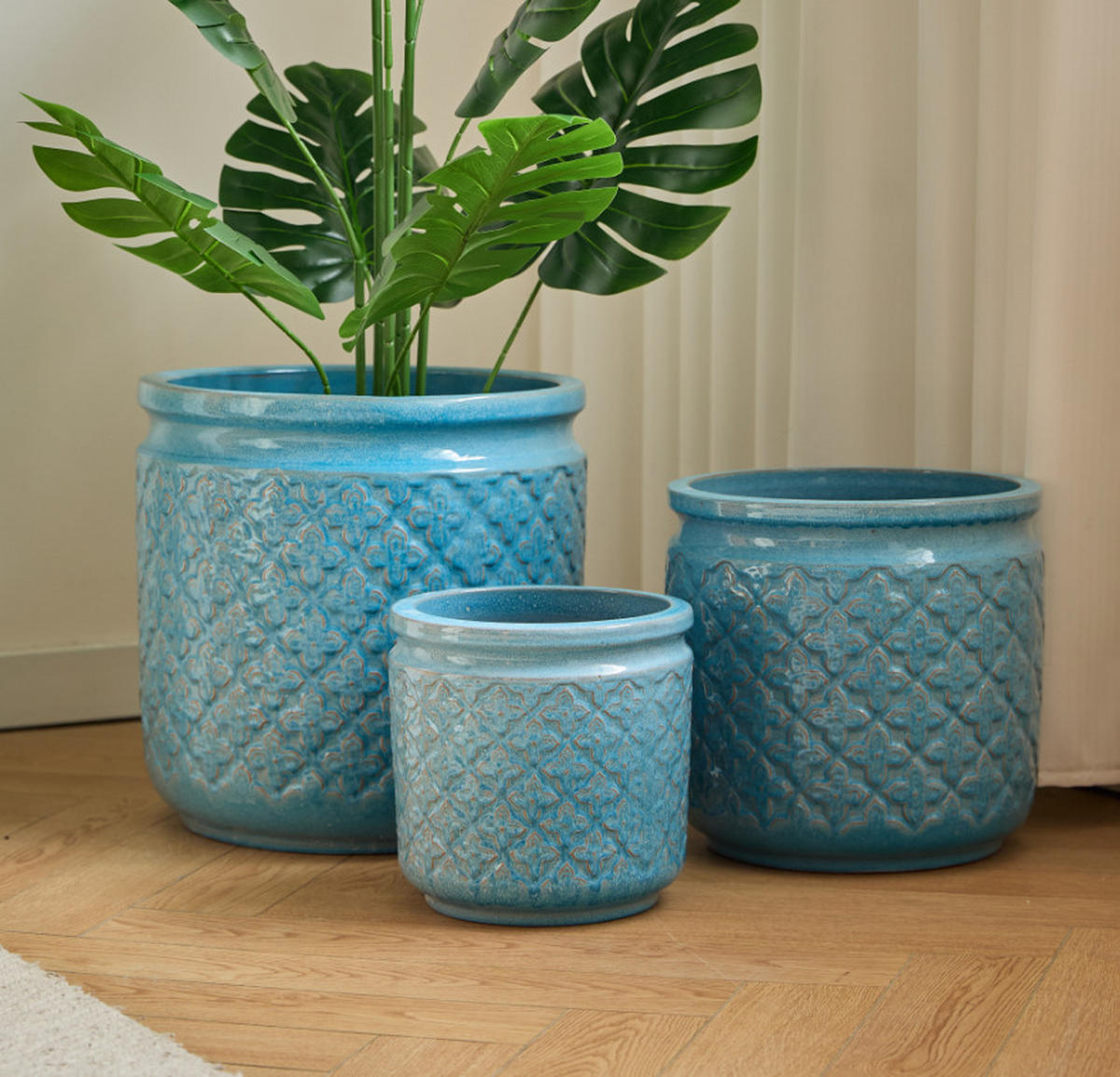KERAMIKBLUMENTÖPFE, 3-teilig, 38,1/30,5/22,9cm, geometrisch, blau - Blau, Keramik (38/38/38cm) - Vallsero