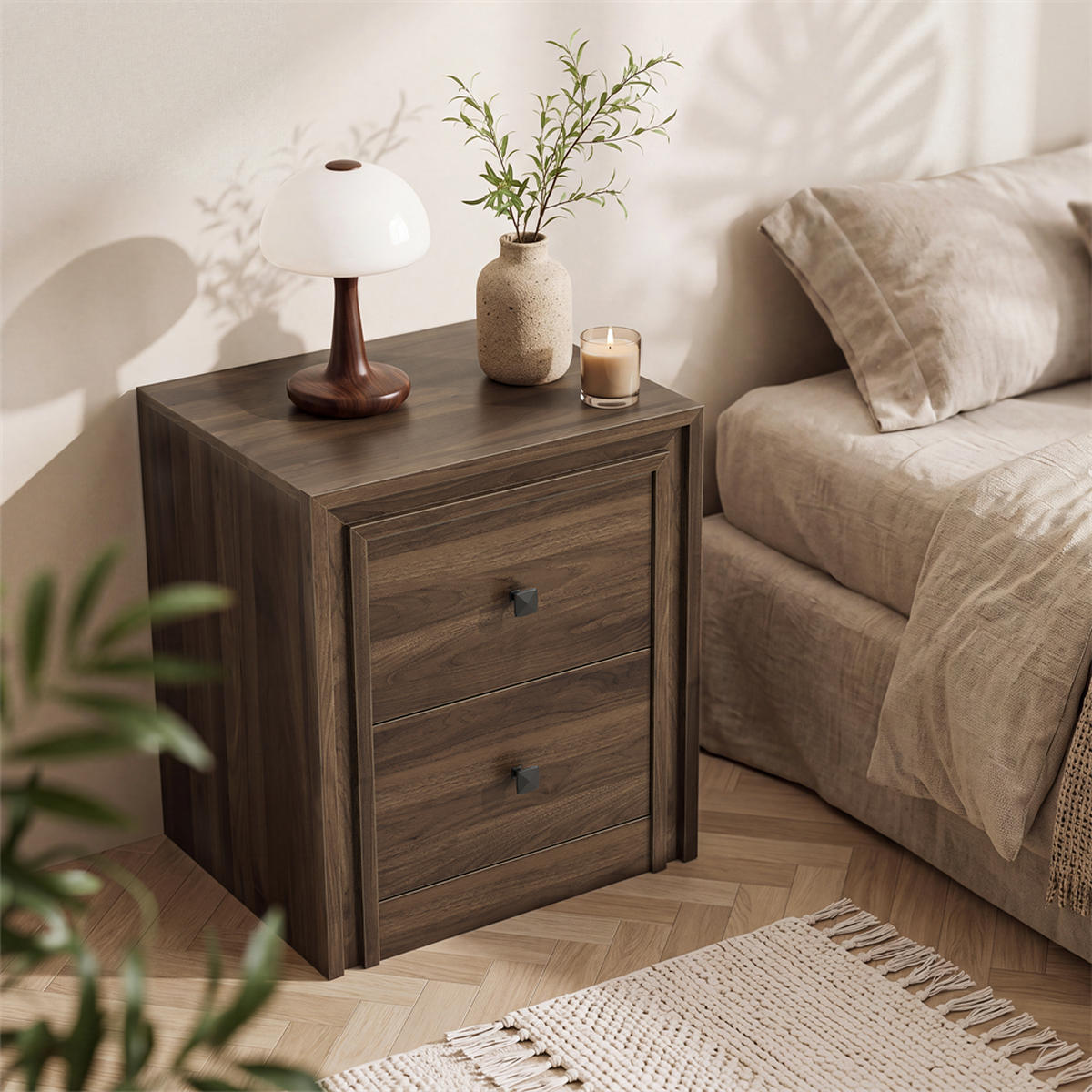 NACHTTISCH 46x39x53,5 cm mit 2 Schubladen und 2 schwarze Griffe - Mid-Century Design - Walnuss-Optik - Walnussfarben, Holzwerkstoff (38/53.5/48cm) - DELFA