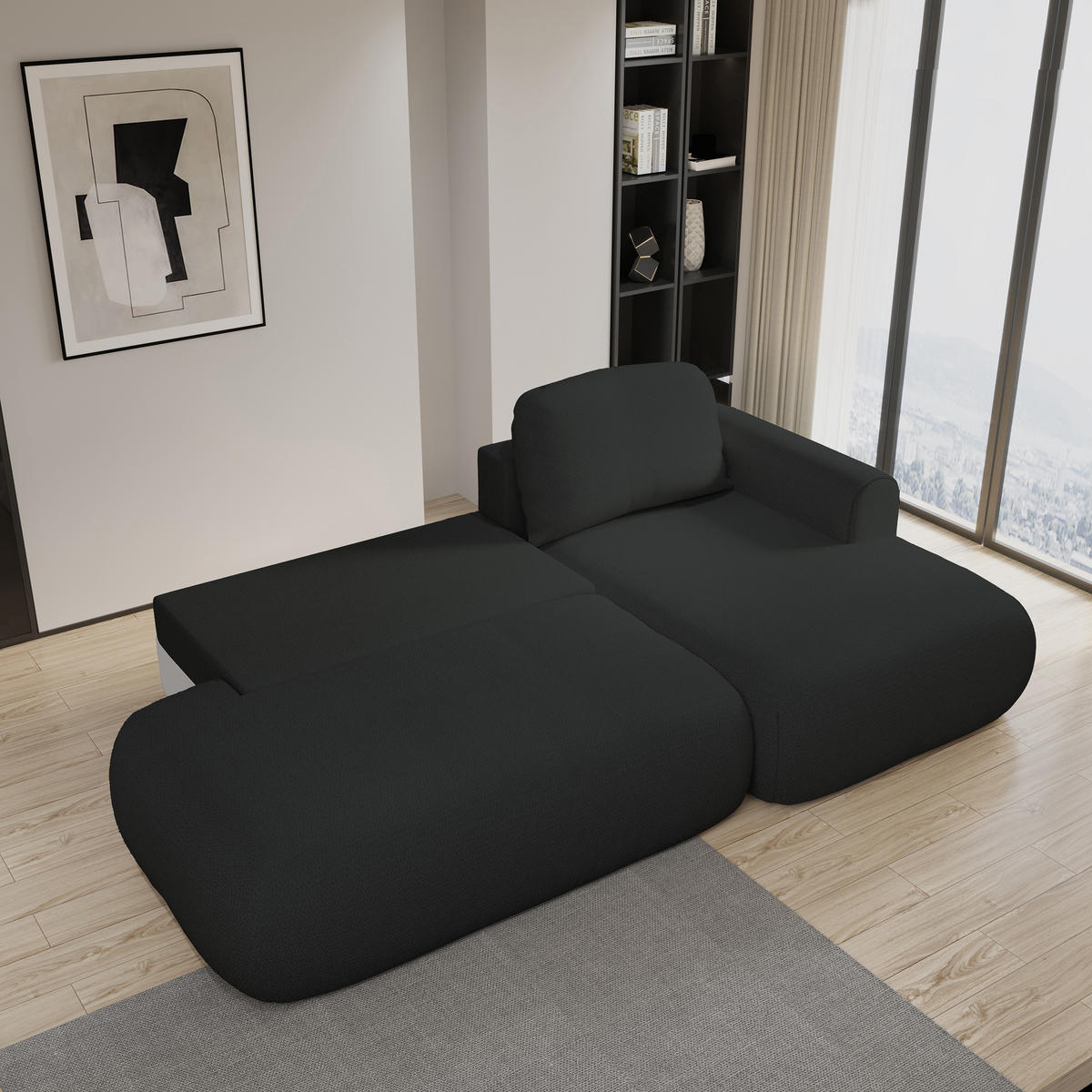 ECKSOFA NUVIRA R-S Schwarz Geflochtener Stoff mit Schlaffunktion - Schwarz, Holz (274/165cm) - MASSENO