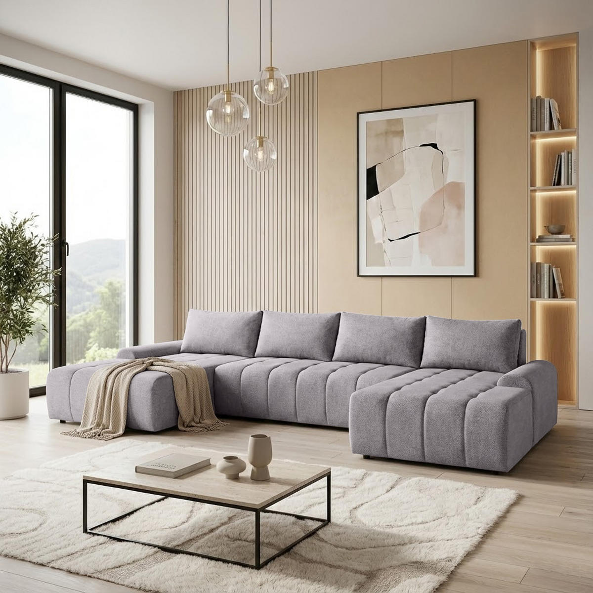 WOHNLANDSCHAFT Costa U Hellgrau - Silberfarben/Hellgrau, Kunststoff/Textil (367/80/169cm) - Beautysofa