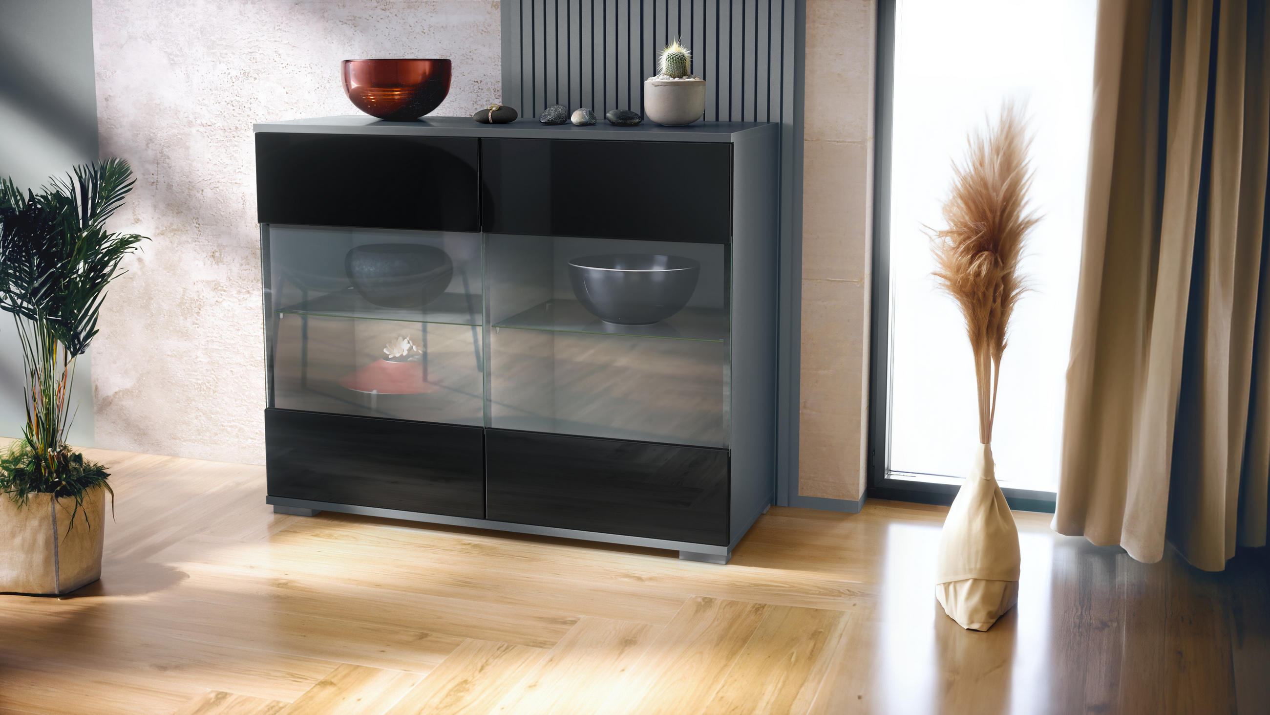 KOMMODE Bari Schwarz Hochglanz - Schwarz Hochglanz, Holzwerkstoff (92.5/75.5/35cm) - Vladon