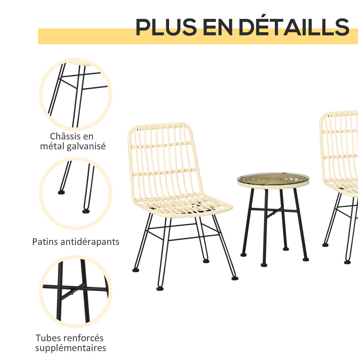 BISTROTSET 3tlg DE-13666 mit Glastisch und Polsterkissen Creme - Creme, Kunststoff/Metall - ComfortXL