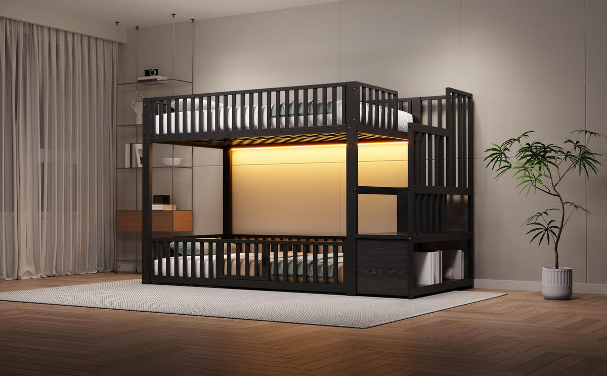ETAGENBETT 90x200 cm mit Stauraumleiter und LED-Kopfteil, Schutzgittern und Einstiegstür, schwarz - Schwarz, Holzwerkstoff (90/200cm)