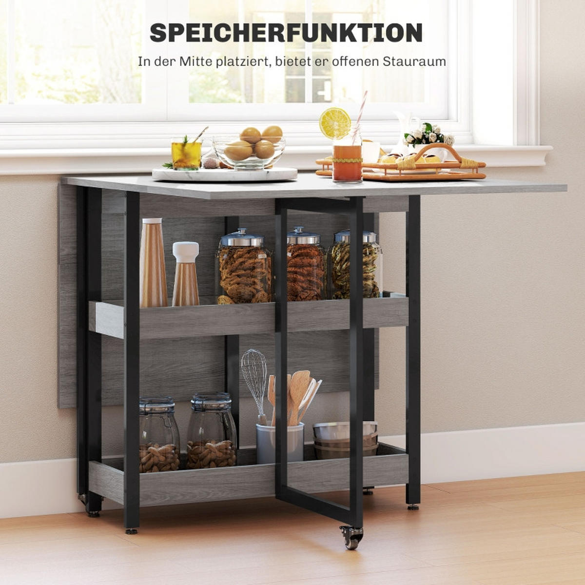 KLAPPTISCH 133,4/80/75 cm, seitlich ausklappbar mit Ablagen und Rollen - Grau, Holz (133.4/80/75cm) - BEAOK