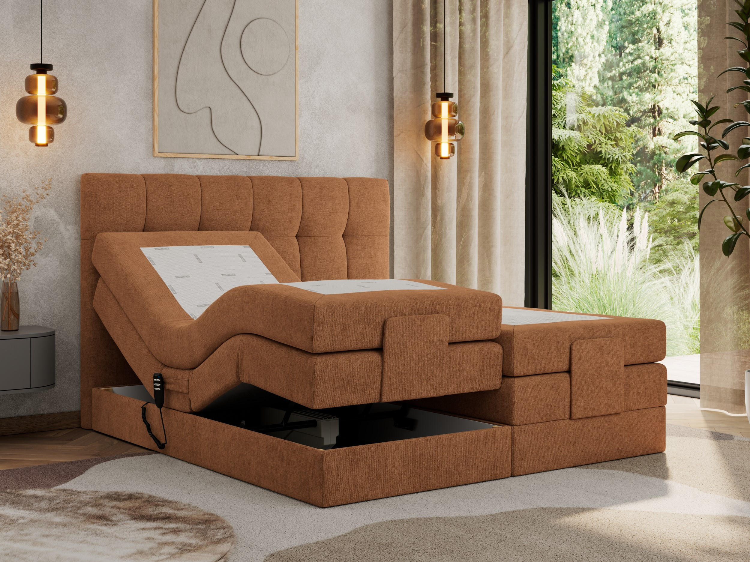 Thumbnail - MKS Boxbett, Orange, Textil, 2-Sitzer, H4, 7-Zonen, Rechteckig, 140x200 cm, Schlafzimmer, Betten, Boxspringbetten