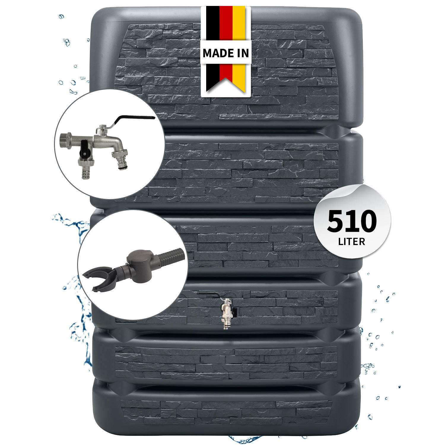 REGENTONNE Mauertank Komplett-Set 510 L, graphite grey inkl. Chrom-Doppelauslaufhahn und Fallrohranschluss - Grau, Kunststoff (60/123/80cm) - 4rain