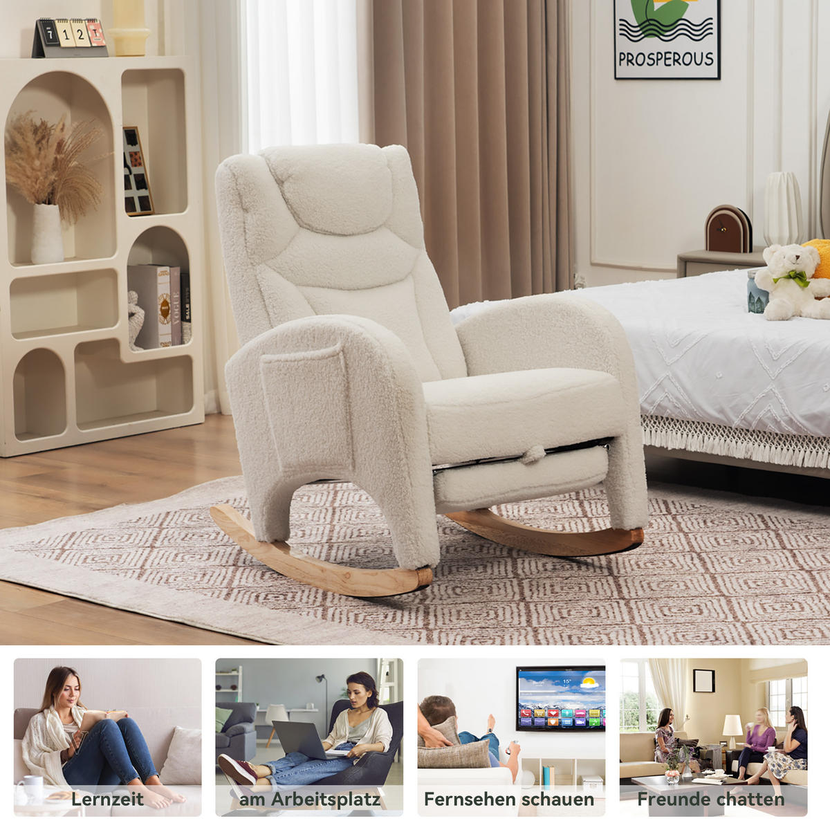 SCHAUKELSTUHL Teddy-Stoff mit klappbarem Fußhocker und Kopfstütze 66/125/101 cm Weiß - Weiß, Textil (125/101/66cm) - Redom