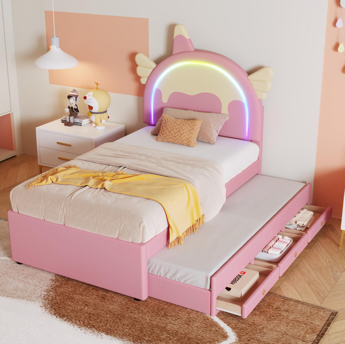 KINDERBETT 90/200 cm mit ausziehbarem Rollbett und Schubladen, Einhorn-Design aus PU und MDF, Rosa - Rosa, Kunststoff (90/200cm) - Redom