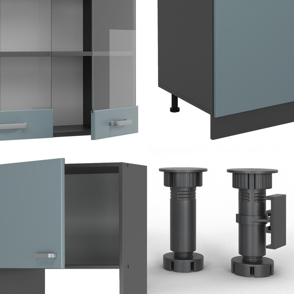 KÜCHENZEILE R-Line Blau-Grau/Anthrazit 300 cm mit Hochschrank, ohne AP - Anthrazit/Blaugrau, Holzwerkstoff (300/81.6/46cm) - Vicco