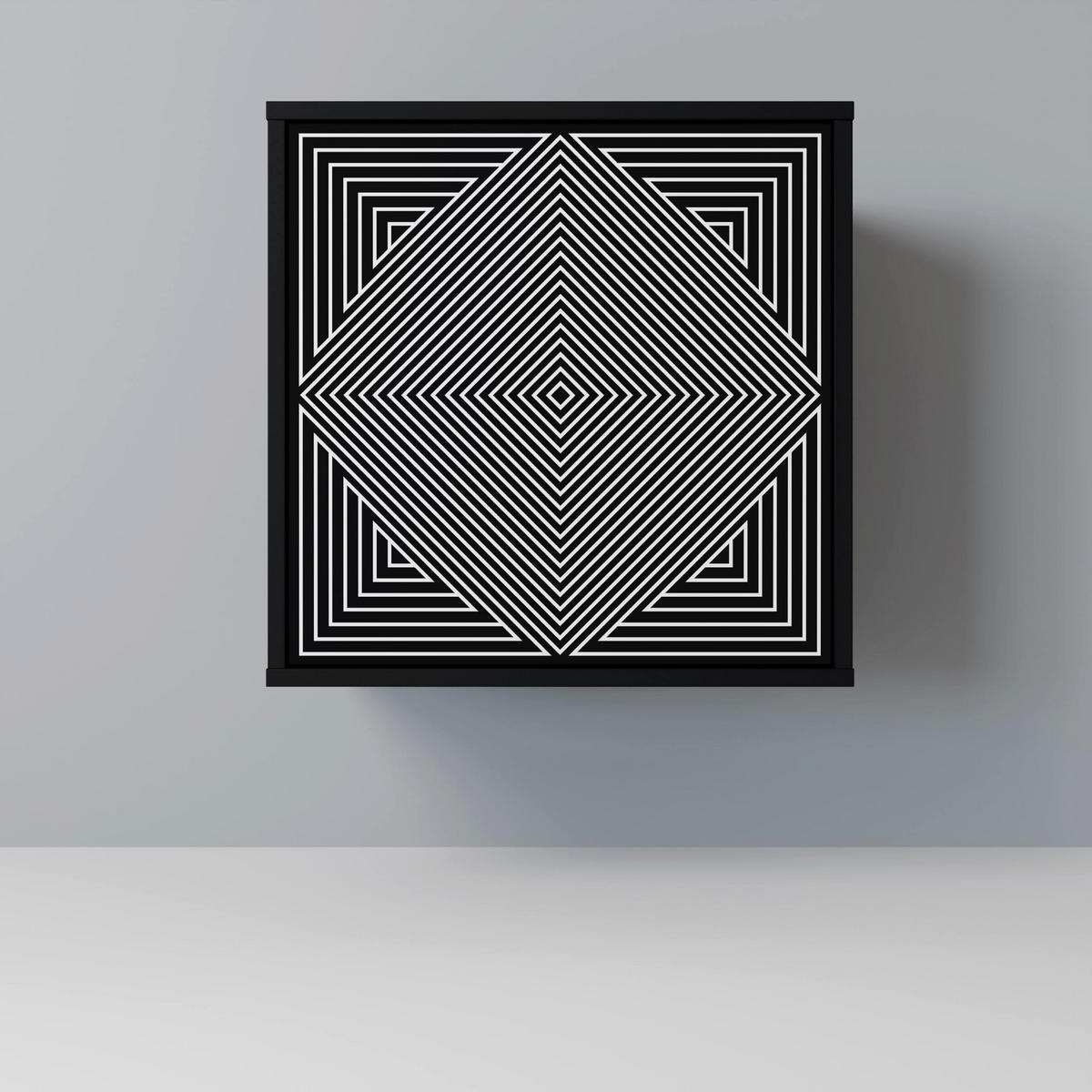 SIDEBOARD POLYGON ILLUSION, Schwarz, 57,5x42x67,5 cm, Schwarze Metall-Rahmenfüße - Multicolor/Schwarz, Holzwerkstoff/Metall (57.5/67.5/42cm) - SpaceRebels