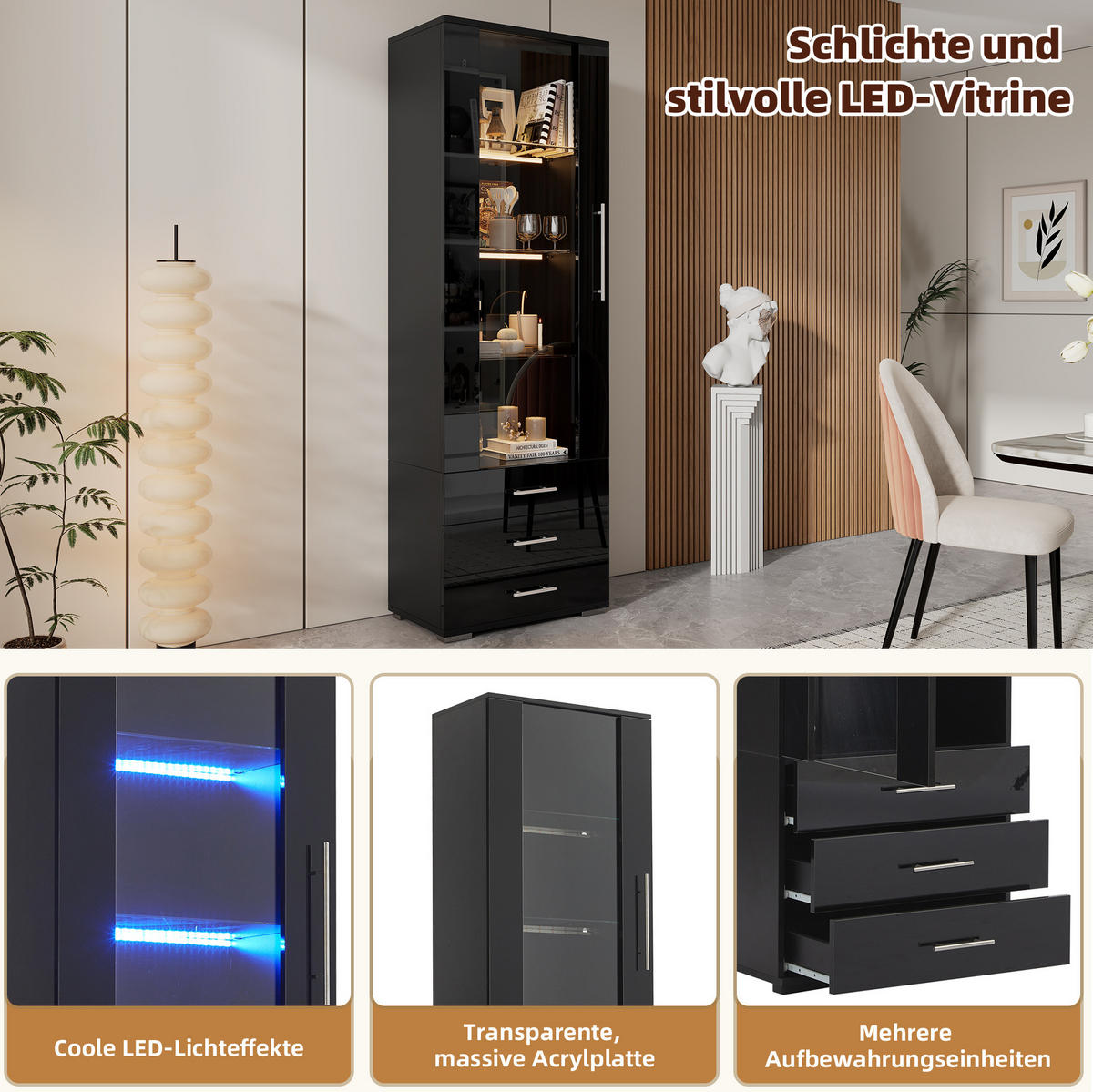 VITRINE 60/35/180 cm in Schwarz mit LED-Beleuchtung und 3 Schubladen - Schwarz, Holzwerkstoff (60/180/35cm) - Flora Grace