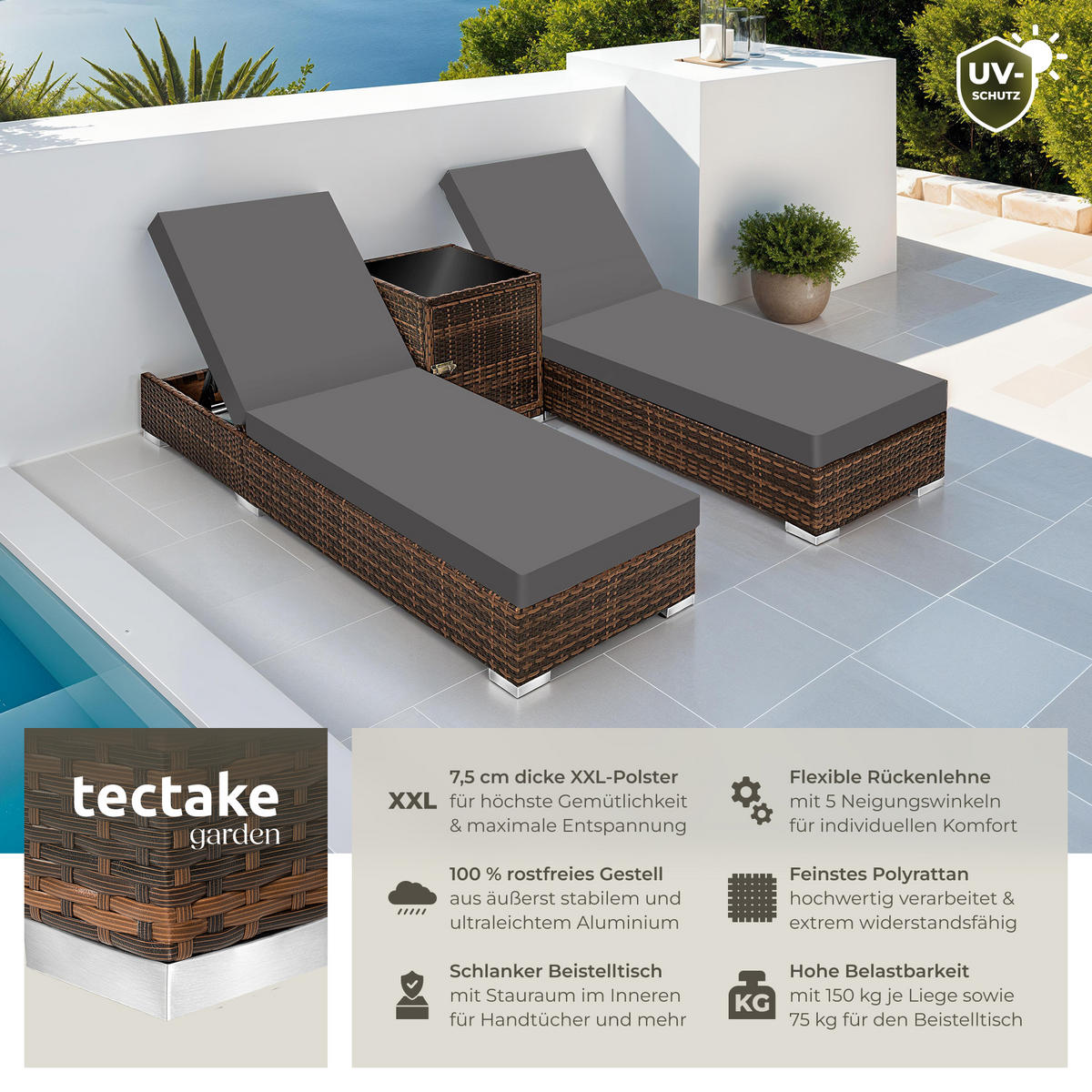 RATTAN-SONNENLIEGE 2er Set,wetterfest und UV-beständig,braun - Braun, Kunststoff (60/21/184cm) - tectake