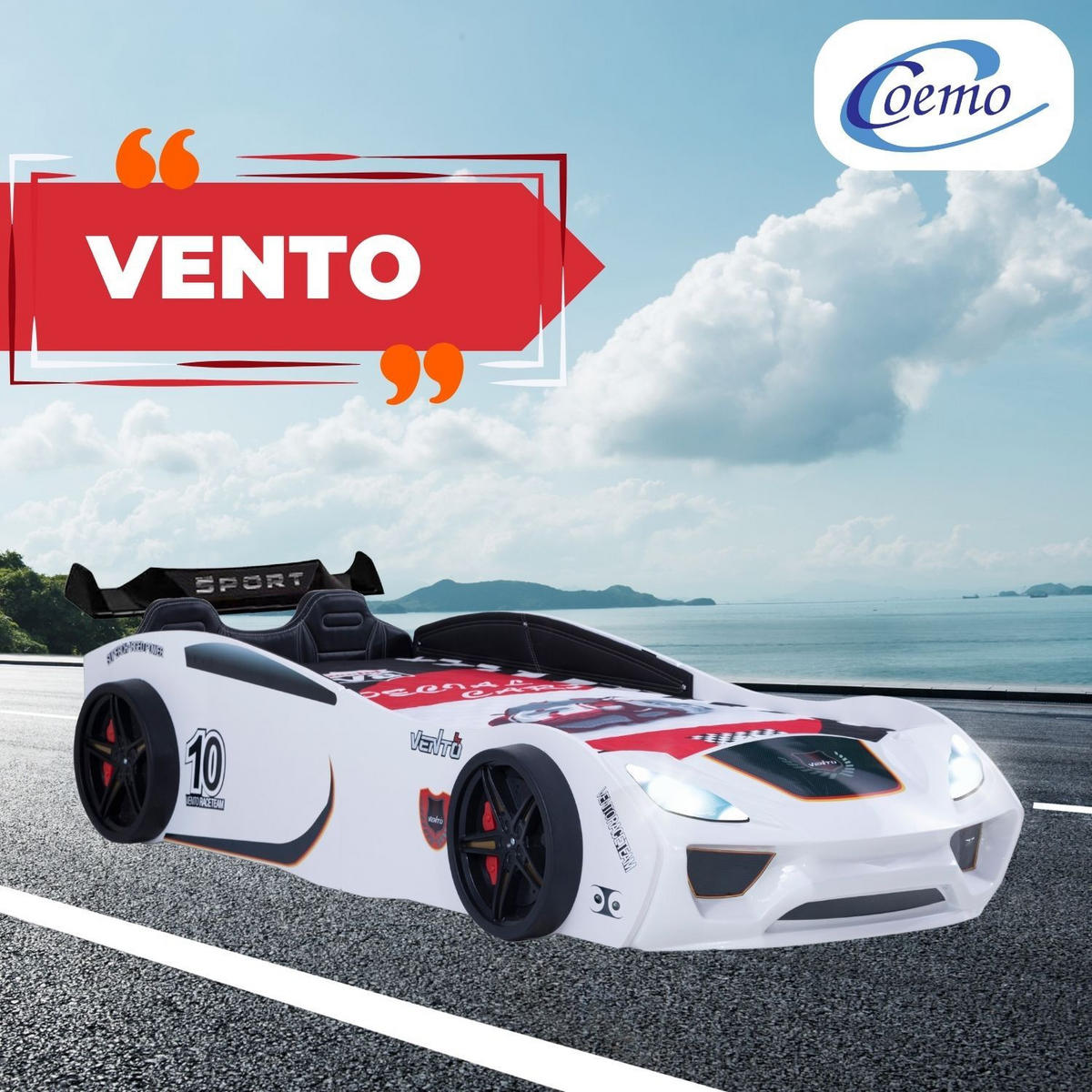 AUTOBETT VENTO SPORT in Weiß Kinderbett mit Lederpolster und Lattenrost - Weiß, Holzwerkstoff (90/200cm) - Coemo