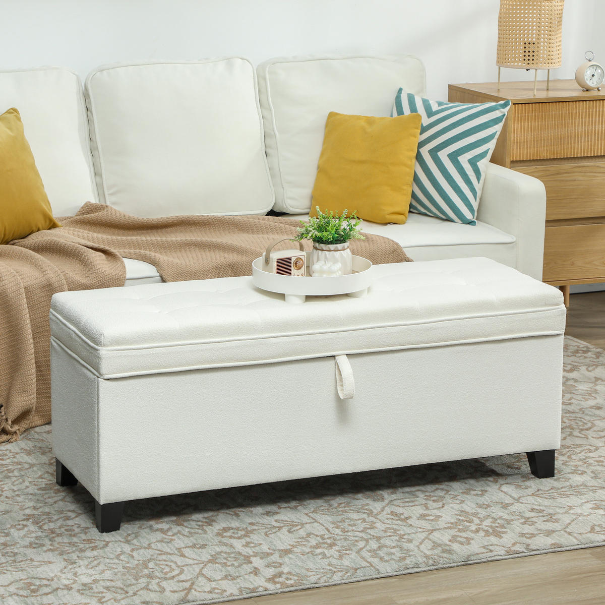 TRUHENBANK DE-16427 mit großem Stauraum (112 L) und Knopfheftung Creme - Weiß, Textil (120/48/40cm) - ComfortXL