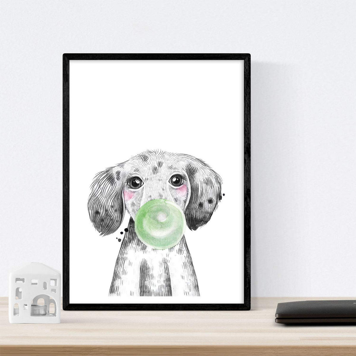 POSTER Set Mit 6 Tiere Babys Mit Kaugummi Schweinefleisch Girafa Kaninchen Fuchs Pferd Hunde A4 Schwarzer Rahmen - Schwarz, Papier (29/3cm) - Nacnic