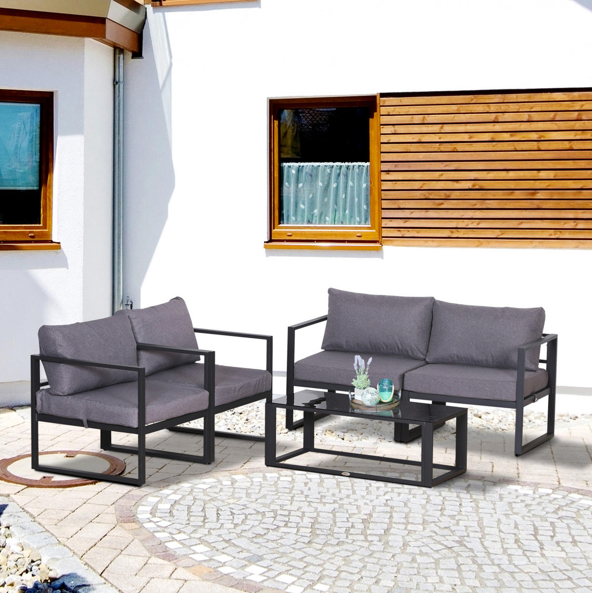 GARTENSET aus Aluminium 138x69x63 cm Grau mit verstellbarer Kombination und Tisch mit ESG-Glasplatte - Grau, Metall - Modfu