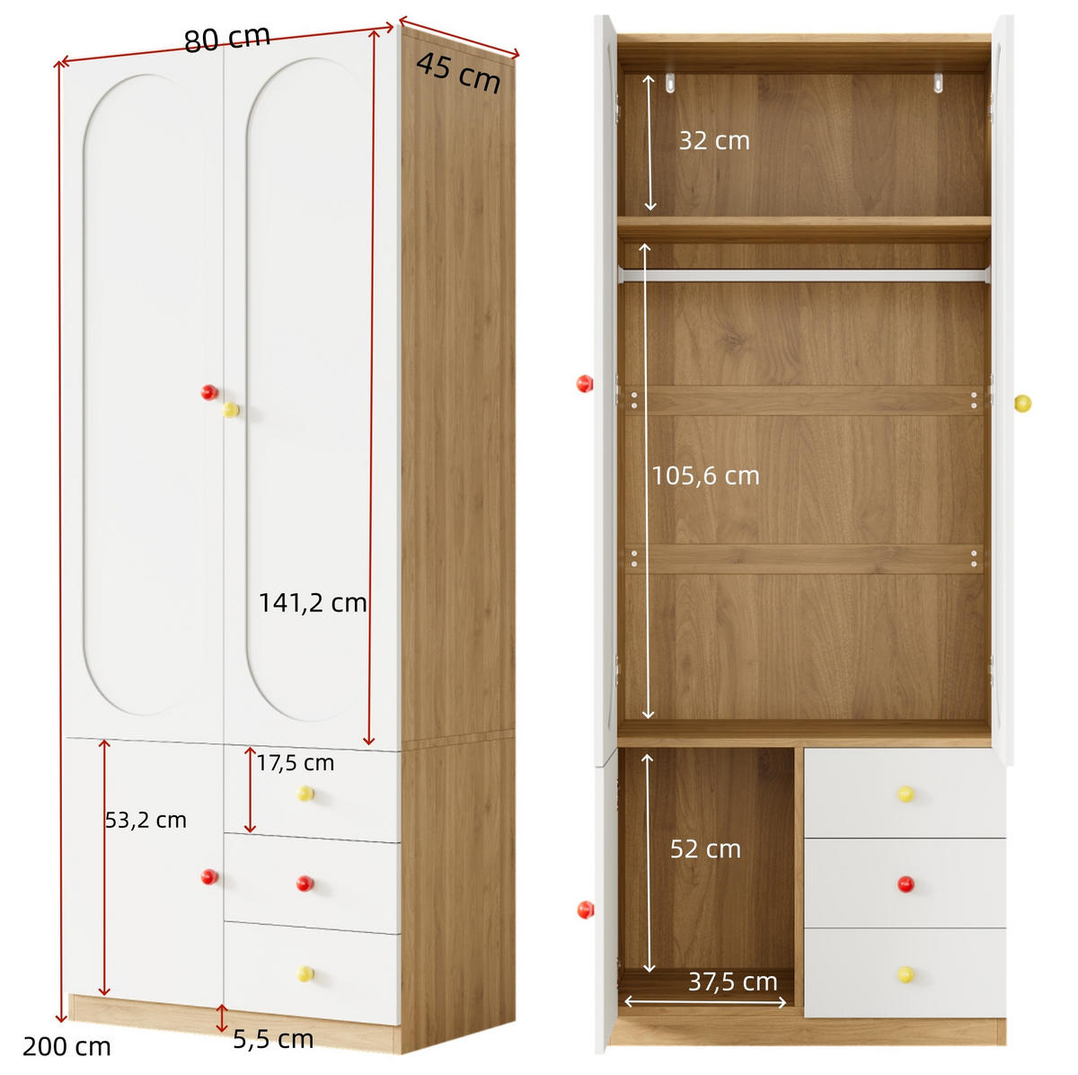 KLEIDERSCHRANK aus MDF 80x45x200 cm Weiß mit 2 Türen, 3 Schubladen, Kleiderstange und Anti-Kipp-Schutz - Weiß, Holzwerkstoff (80/200/45cm) - Modfu