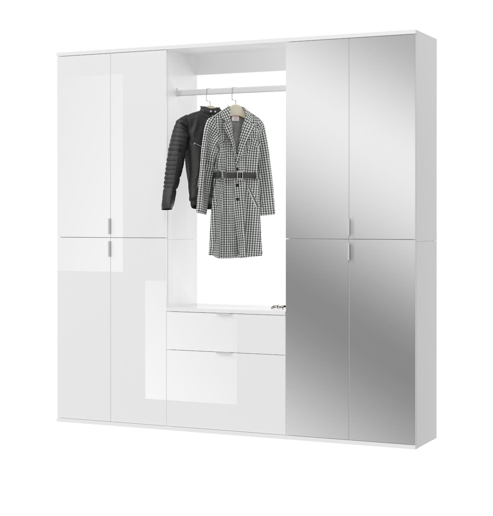 GARDEROBEN-SET weiß Hochglanz 183 cm mit Spiegel, 21 Fächer, Flurgarderobe - Chromfarben/Weiß Hochglanz, Glas/Holzwerkstoff (183/193/34cm) - Inn.Furn