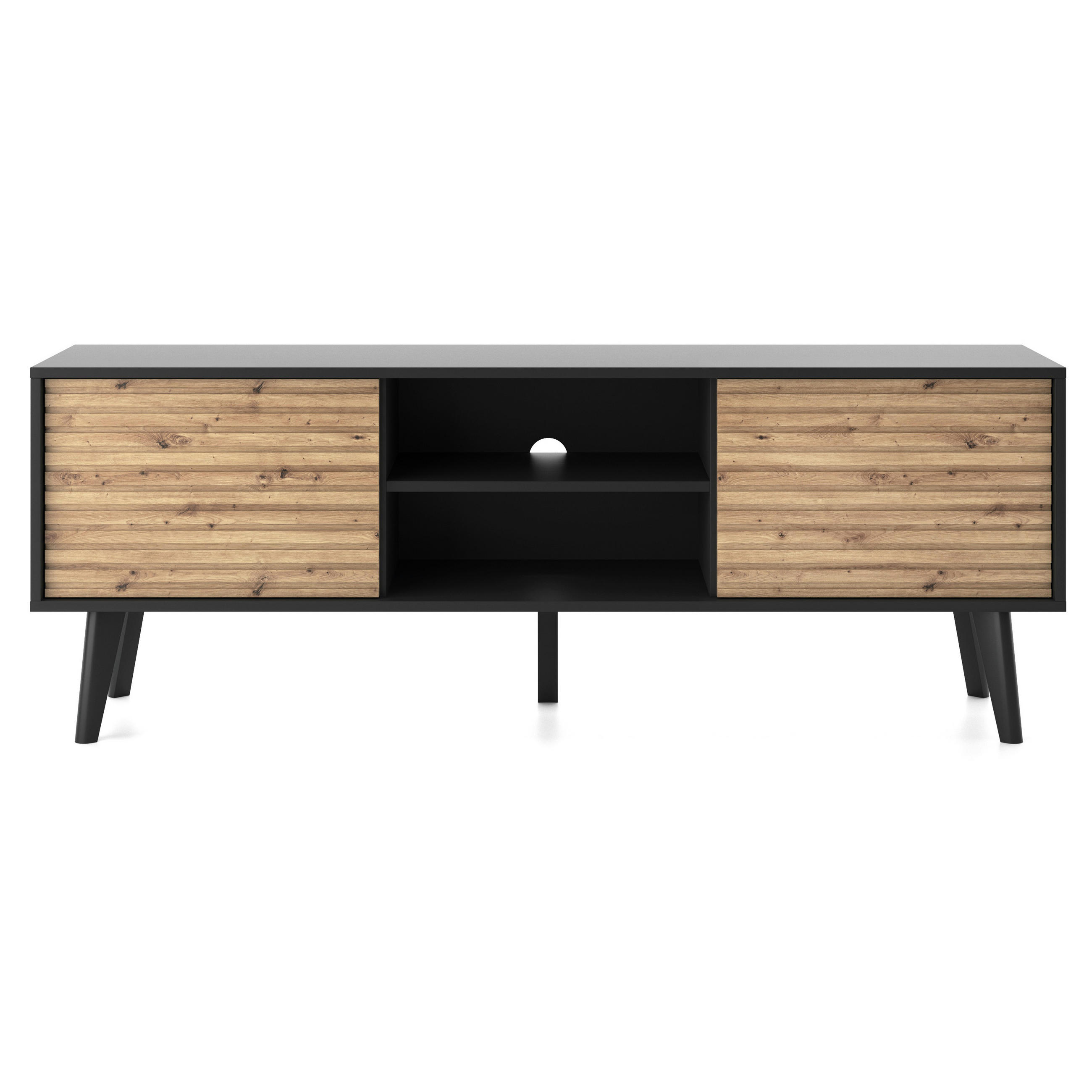 LOWBOARD Saskatoon RTV154 – Schwarz, Artisan-Eiche - Eichefarben/Schwarz, Glas/Holzwerkstoff (154/56/39cm) - Komodee