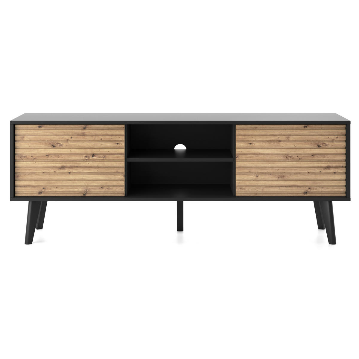 LOWBOARD Saskatoon RTV154 – Schwarz, Artisan-Eiche - Eichefarben/Schwarz, Glas/Holzwerkstoff (154/56/39cm) - Komodee