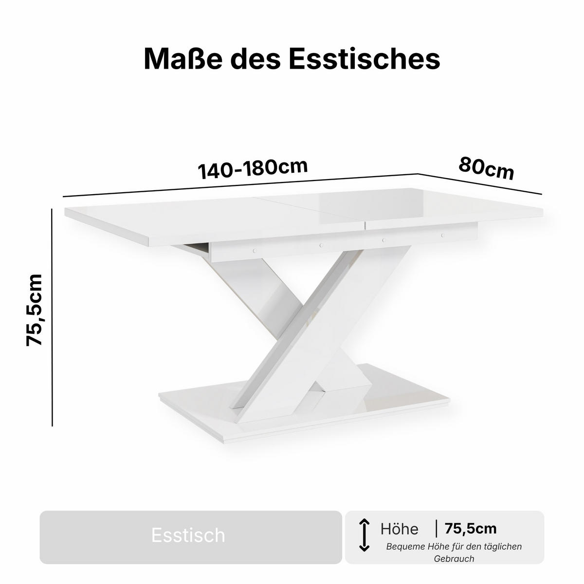 ESSTISCH Weiß Hochglanz Ausziehbar 140 - 180 cm - Weiß Hochglanz, Holzwerkstoff (140/80/75cm) - PROSPERO