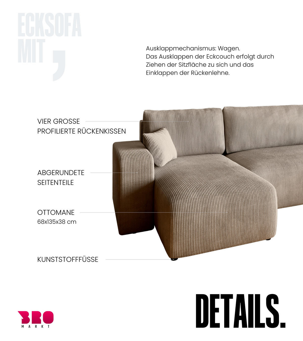 WOHNLANDSCHAFT PUMI mit Schlaffunktion Beige Cord - Beige, Textil (312/82/148cm) - Bromarkt